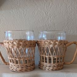 Vtg Libbey Rattan Wicker Coffee Cups