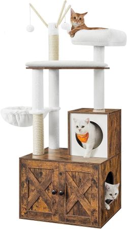 Cat Tree with Litter Box Enclosure, 59-Inch Modern Cat Tower, 2-in-1 Condo with Scratching Posts, Washable Removable Cushion, Rustic Brown UPCT113X01
