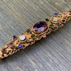 Antique Gold Gilt Amethyst, chrome diopside, mother of Pearl brooch