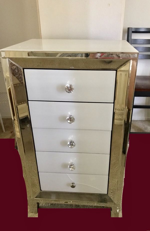 Dresser White & Glass Drawers, Mirror Trim, Crystal Knobs for Sale in