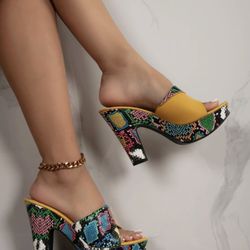Women Snakeskin Embossed Chunky Heeled Mule Sandals *NEW*