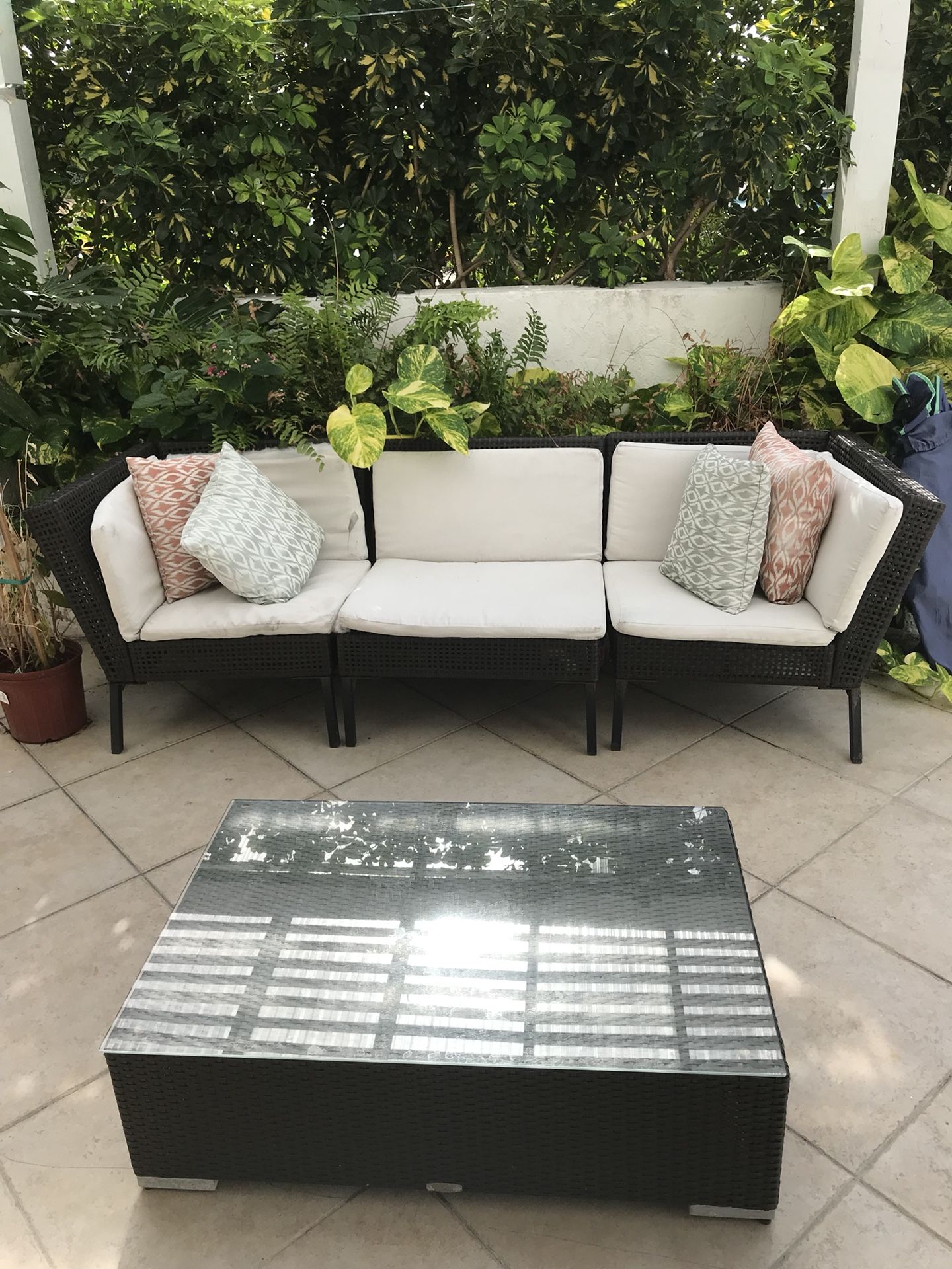 Outdoor IKEA 3 Seater Sectional + Glass Top Table: Dark Brown