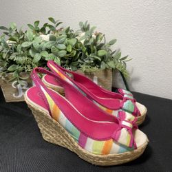 Coach Pink Grace Watercolor Straw Wedge Platform High Heel Sandals RARE! 7.5 M