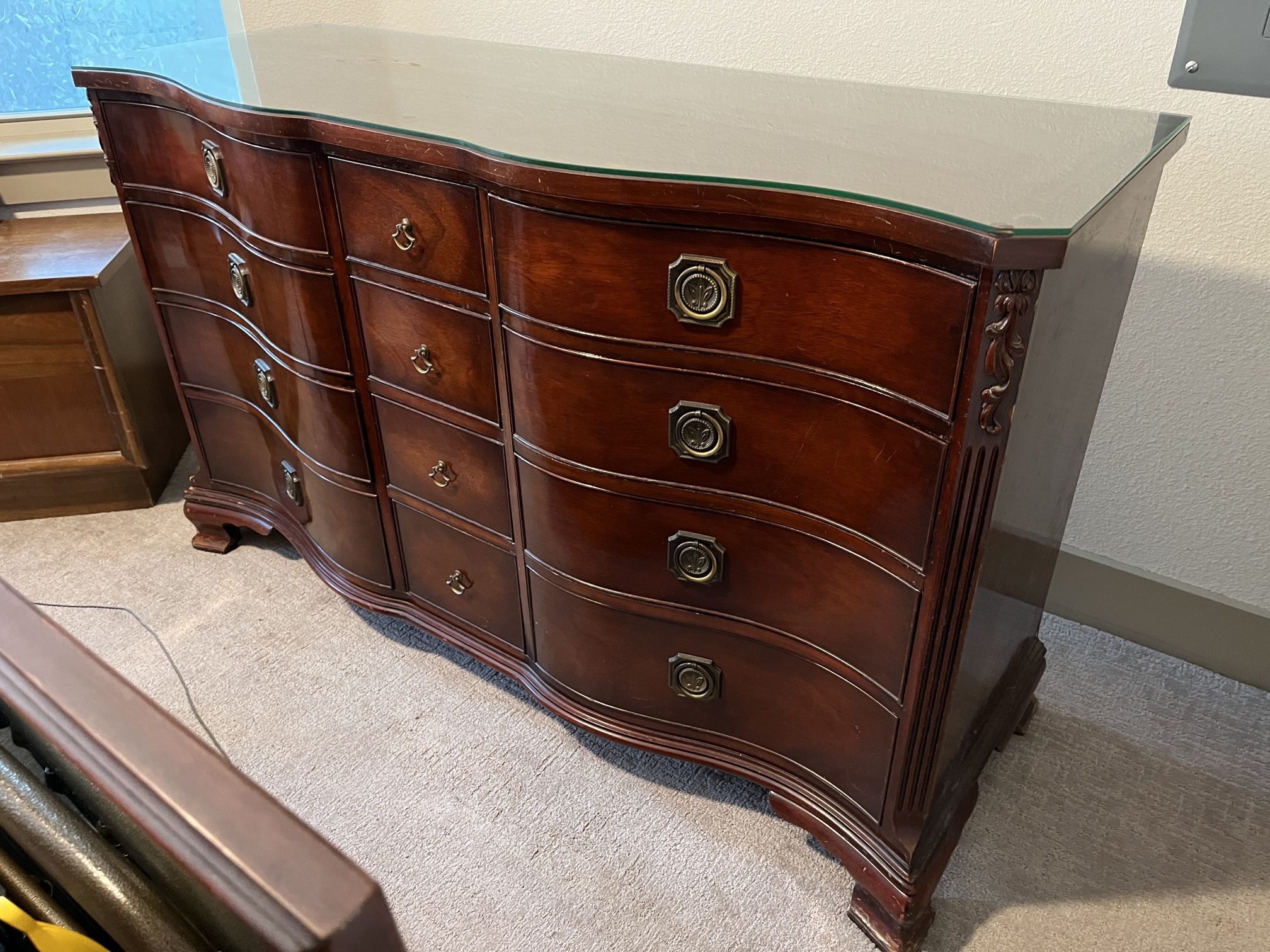 Vintage Wooden Dresser With Mirror And Glass Top