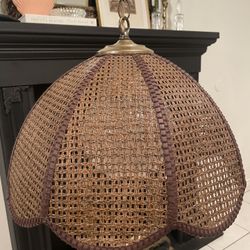 70s Vintage Tulip Wicker Rattan Hanging Chandelier Mid-Century