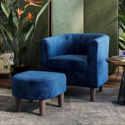 Accent Chair with Ottoman, Modern Barrel Chair Small Armchair Reading Chair with Footrest, Comfy Round Arms Chair, Velvet, Blue
