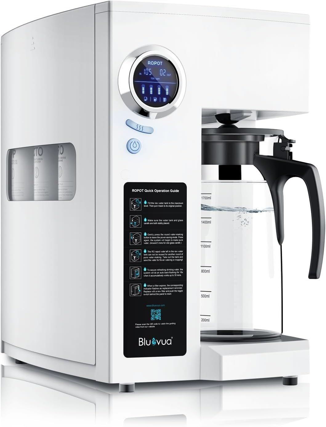 Bluevua RO100ROPOT Reverse Osmosis System Countertop Water Filter, 4 Stage Purification, Counter RO Filtration, 2:1 Pure to Drain, Purified Tap Water