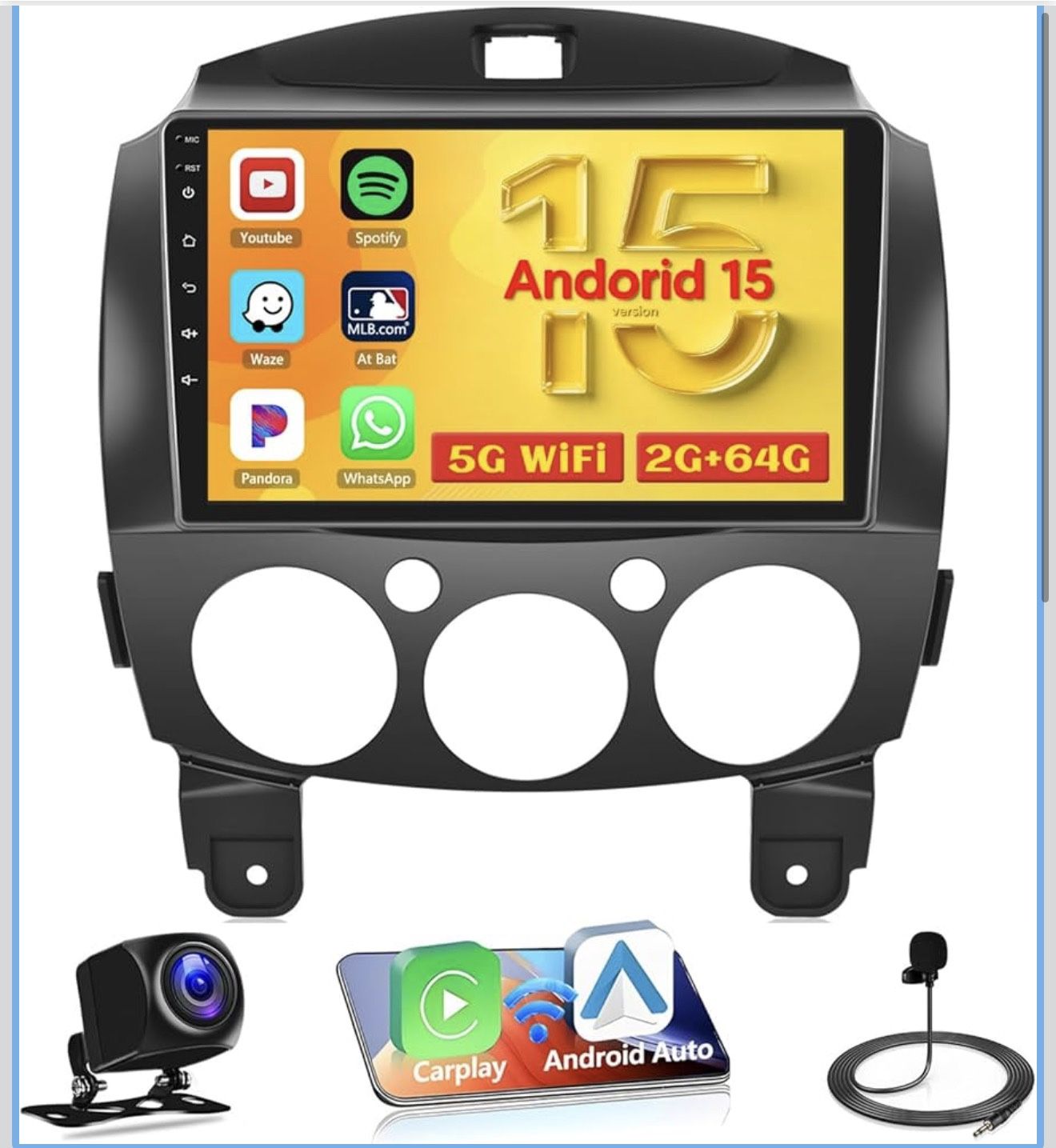 [2+64G] Hikity Android 15 Car Stereo for 2007-2014 Mazda 2 Radio, 9 Inch Touchscreen Radio with Wire