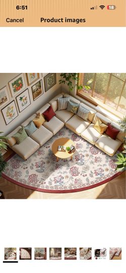 jinchan Elora 7ft Radius Washable Corner Rug, Living Room, Red/Beige Floral Vintage Romance Design, Non Slip Quarter Circle, Low-Pile Throw Carpet for