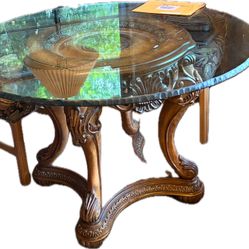 Vintage Heavy Round Glass, Wood Dining Table and four chairs