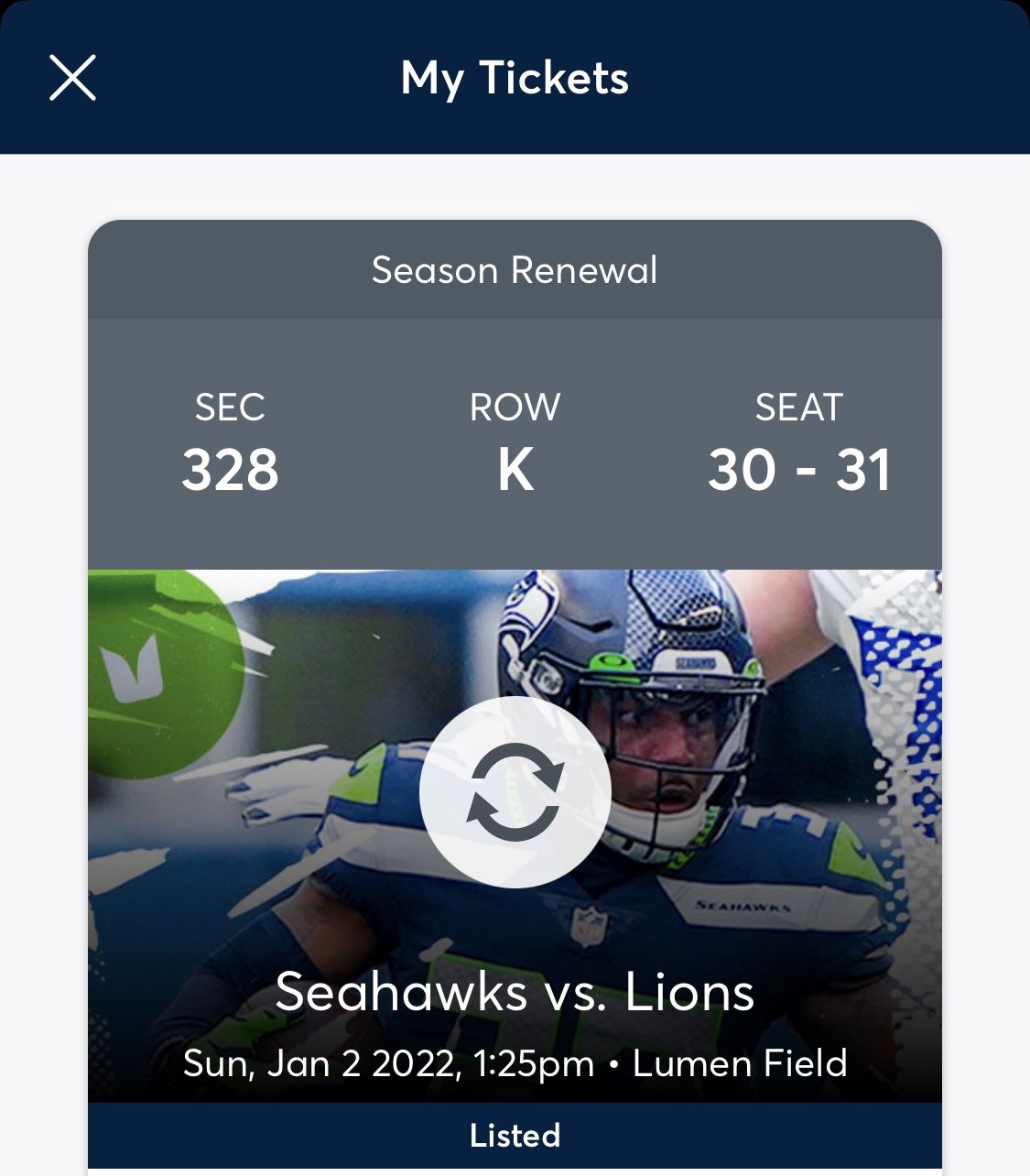 2 Ticket Seahawks vs Lions (Under Face Value)