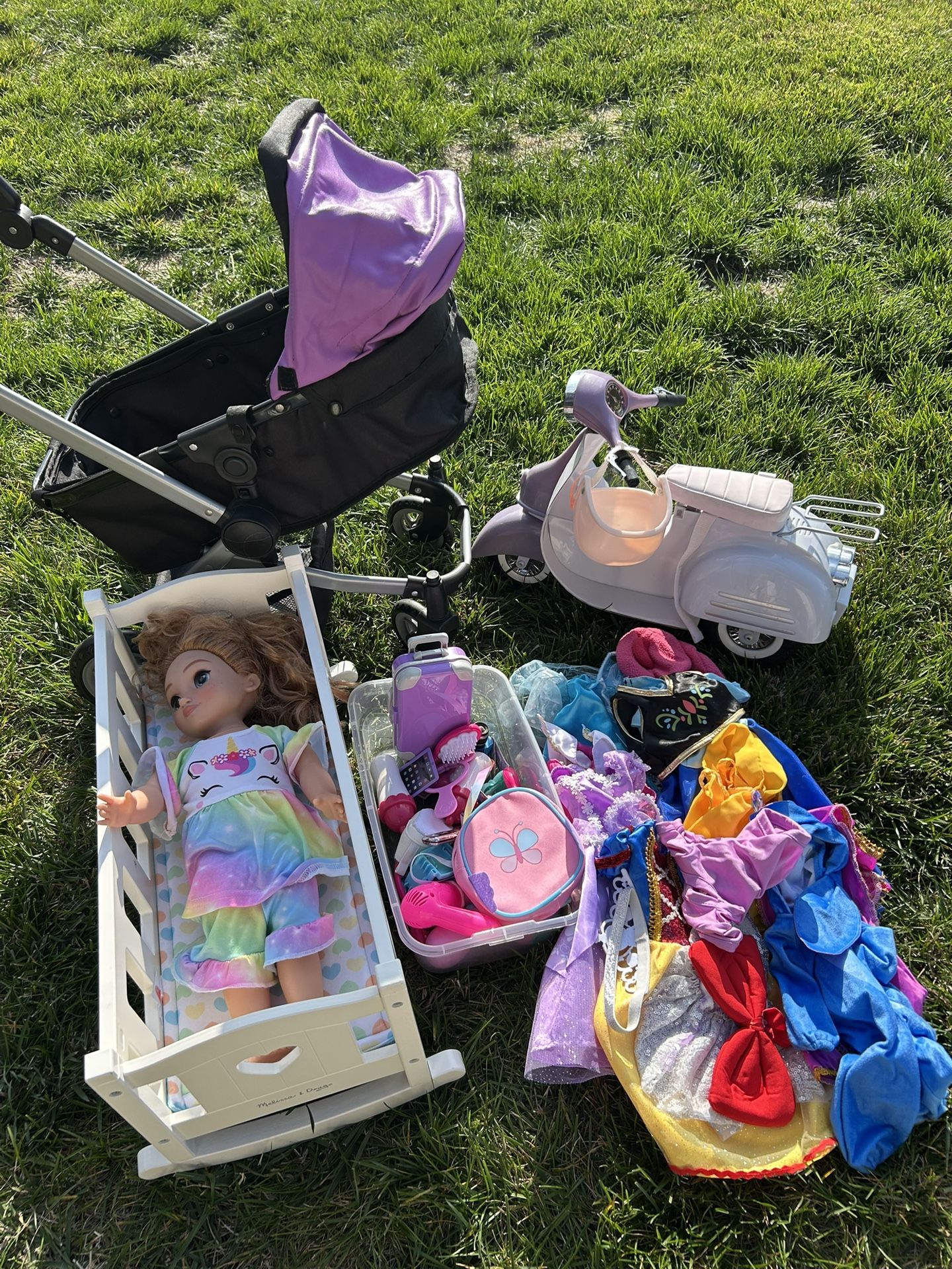 Doll Stroller, Crib, Scooter, Clothes And Accessories