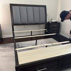 Raymour & Flanigon Bed with Upholstered Headboard & storage space & two matching side tables