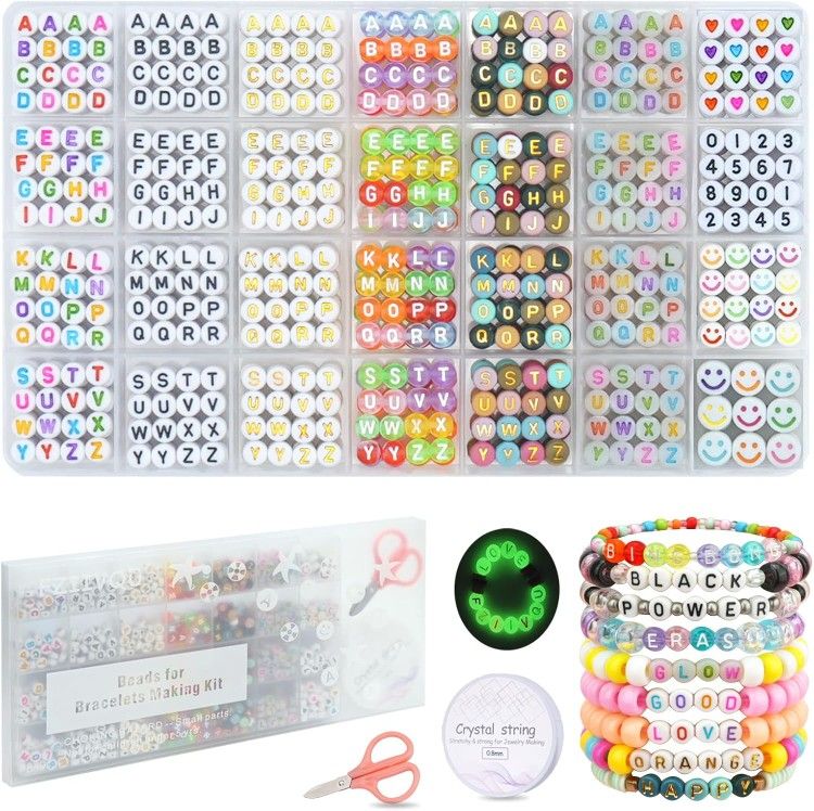 Jewelry Bracelet Making Kit - Letter Number Heart Beads 1400 Pcs 6 Colors 4x7mm