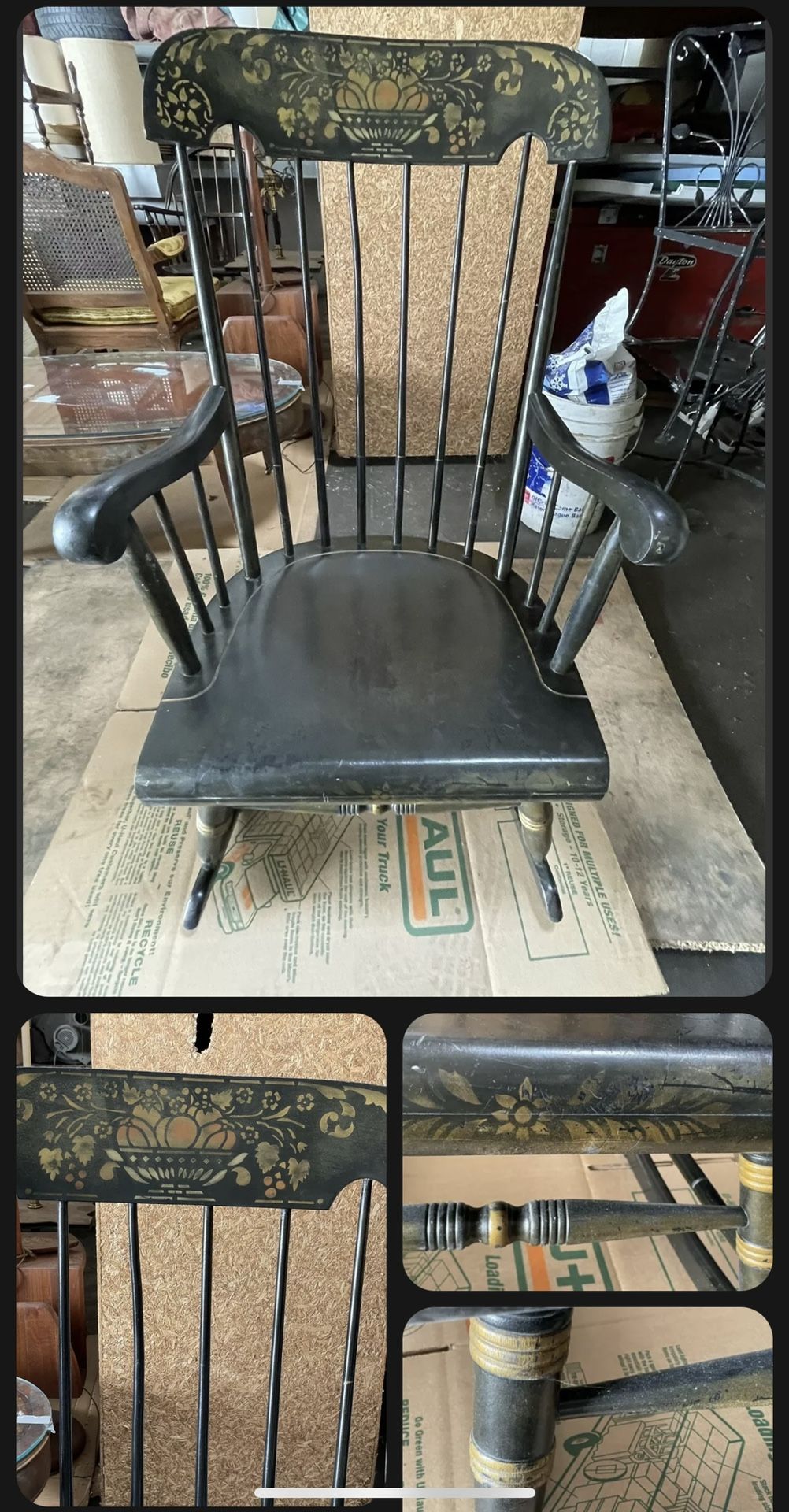 Antique American Windsor Folk Art Painted Stencil Back Rocking Arm Chair!