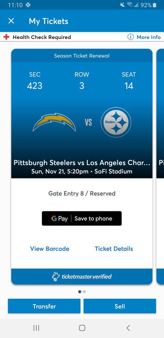Steelers vs Chargers - 2 tix with tailgate pass
