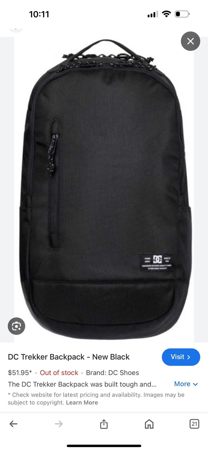 DC Backpack (New No Tags) Cushion Back Black