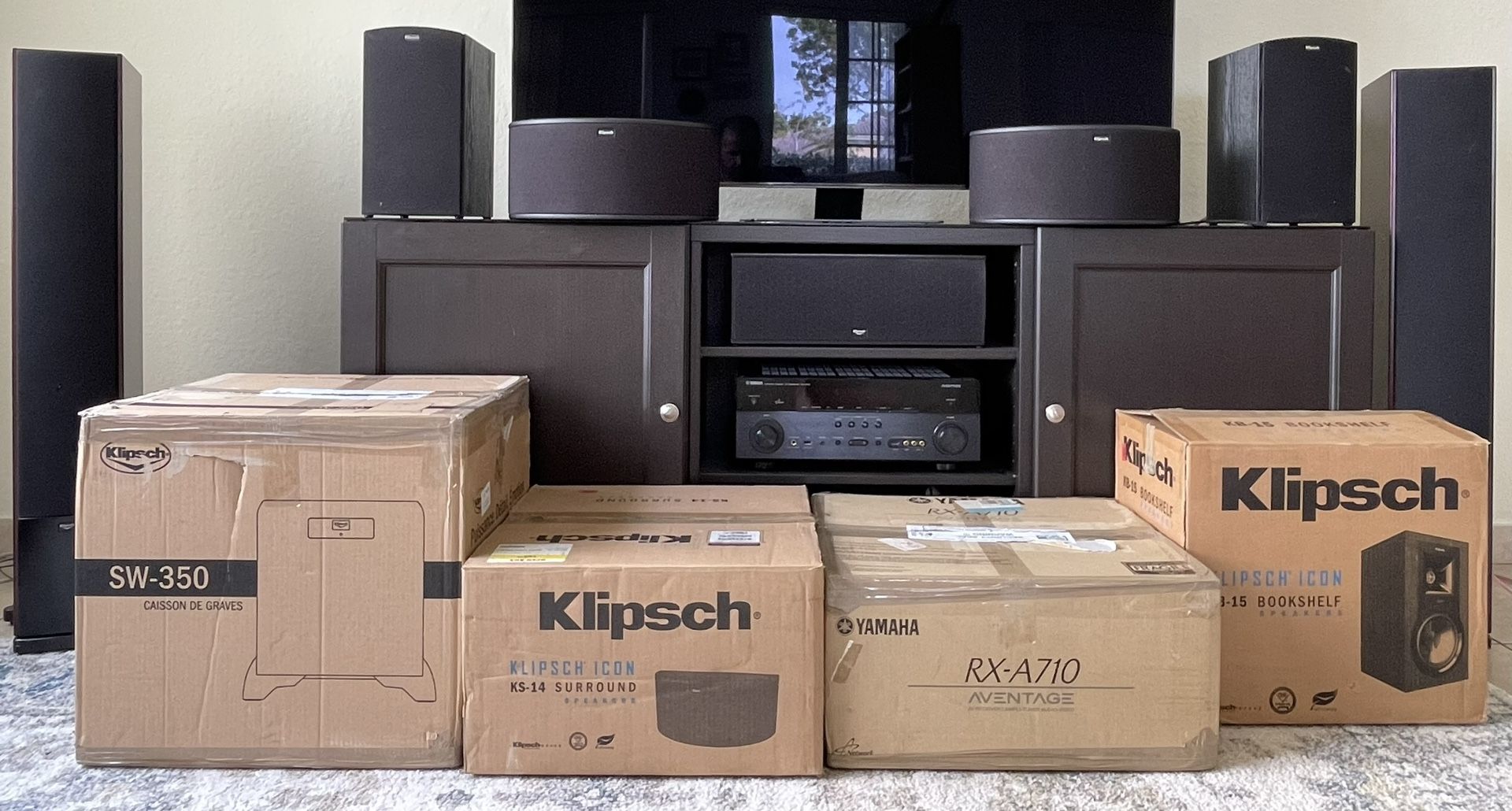 Klipsch Icon 7 speaker, subwoofer, and Yamaha Aventage receiver home theatre package