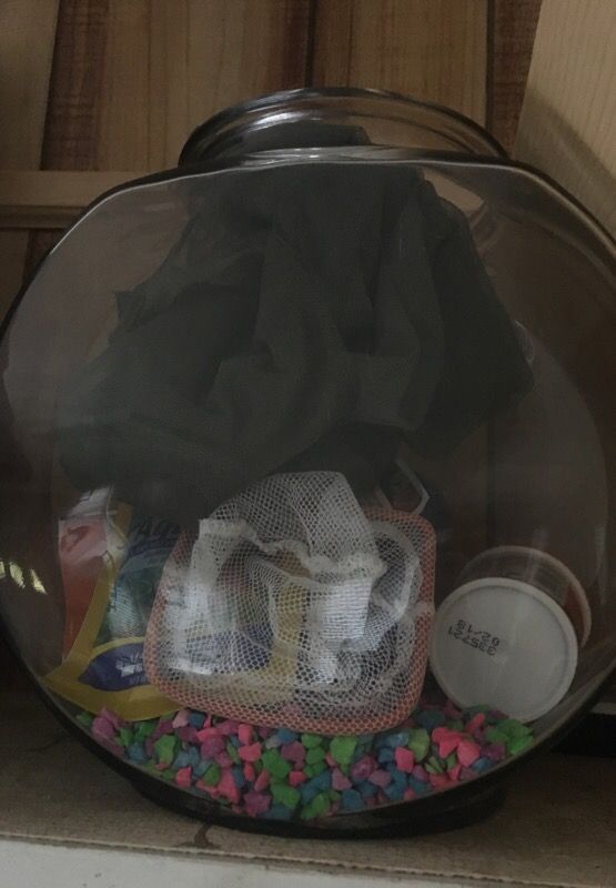 Fish bowl with net, food and gravel