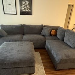 Gray Corduroy Sectional Sofa w/ Ottoman