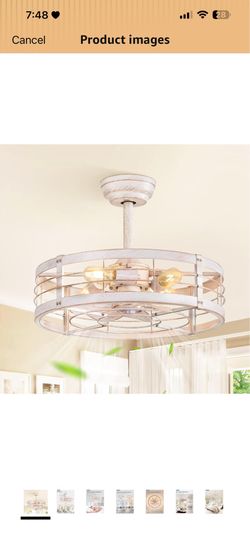 LEDIARY 20 Inch Fandelier Caged Ceiling Fan with Light, Bladeless Ceiling Fan with Remote, Small Farmhouse Fan Lights Ceiling Fixtures for Kitchen, Be