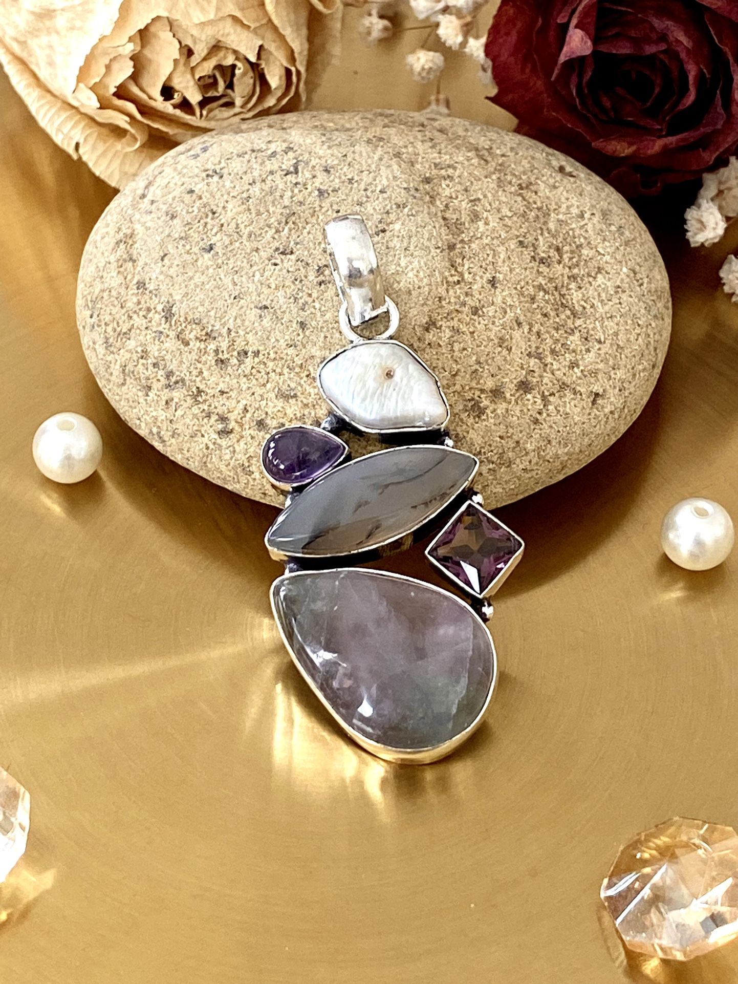 Fluorite, Amethyst And Biwa Pearl 925 Sterling Silver Overlay Handcrafted Pendant