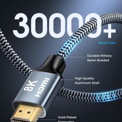 8K HDMI Cable 6 ft, 48Gbps High Speed HDMI 2.1 Cable, Braided HDMI Cable 2.1 8K 60Hz 4K 120Hz Support for HDR eARC HDCP 2.2/2.3, HDMI Cord Comp