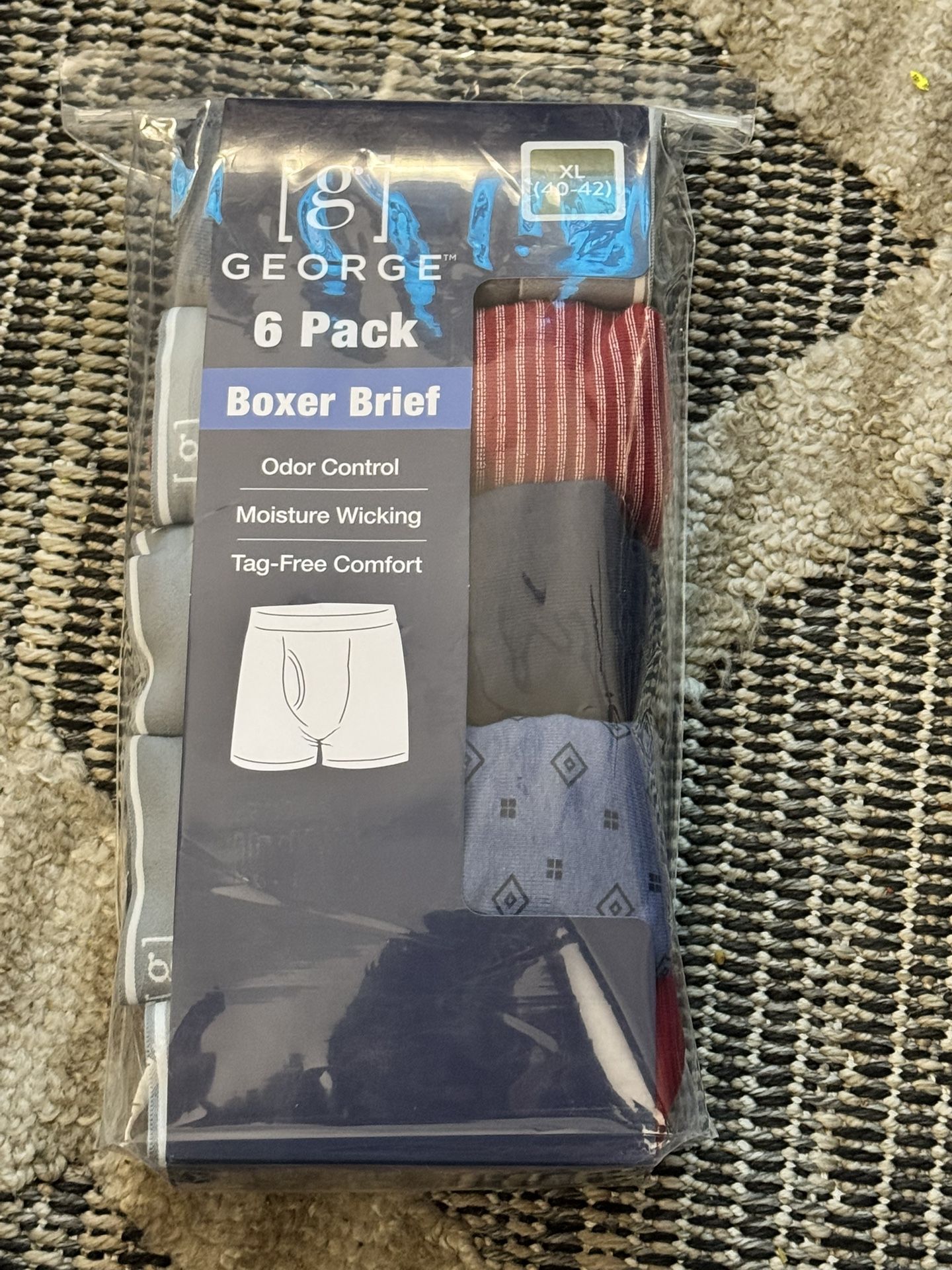 6 PACK MENS MULTI PATTERNED BOXER BRIEFS IN AN XL 40-42 SIZE BRAND NEW WITH ODOR CONTROL MOISTURE WICKING AND TAG FREE TOO