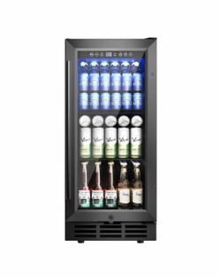 15 in. Single Zone 130-Cans Freestanding/Built-in Beverage and Wine Cooler in Black with Child Lock, Interior Light