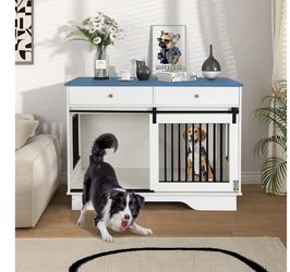 Double Dog Crate Furniture, Farmhouse Dog Kennel Furniture for 2 Dogs Removable Divider, 2 Storage Drawers, Large Dog Crate for 2 Dogs or Large Breed 