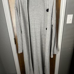 L Full Length Grey Hooded Sweater Black Buttons