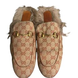GUCCI MEN Princetown GG Canvas Fur Flats Mules Slipper 11 Rust Horshoe