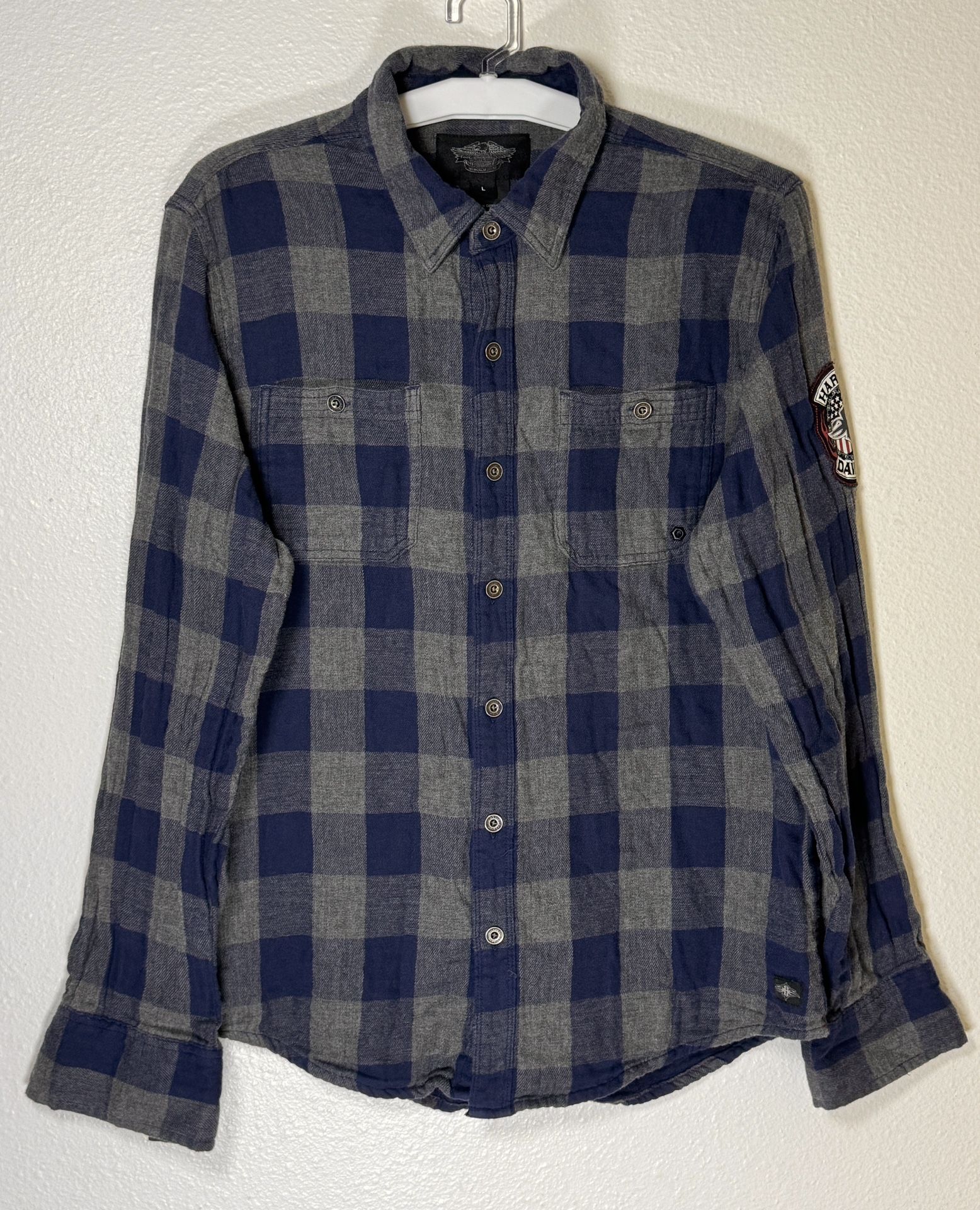 Vintage Harley Davidson Men's Large Plaid Gray/Blue Long Sleeve