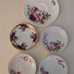 Five Vintage Porcelain China Saucers Beautiful Floral Patterns