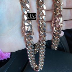 Brand new 18k Rose Gold Filled Cuban Link Chain And Bracelet Set  
