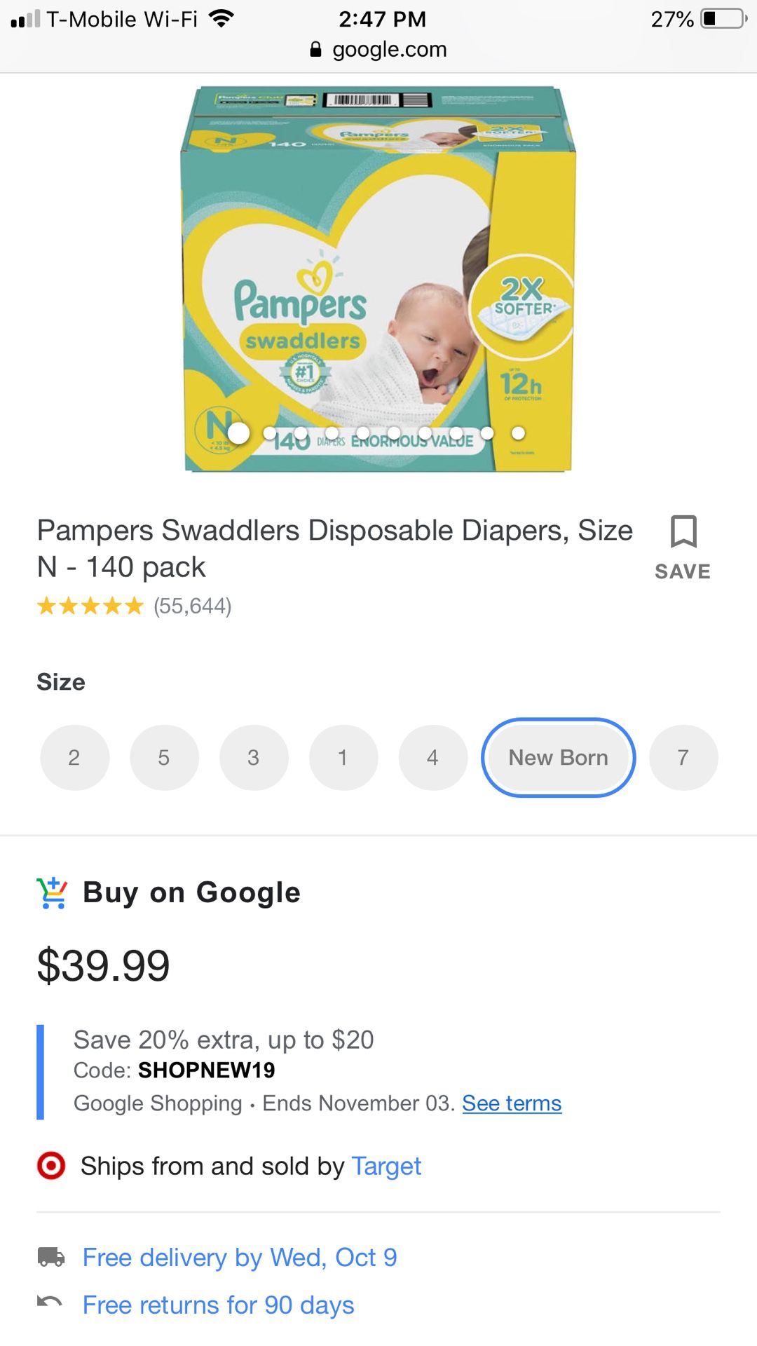 Pampers newborn swaddlers 140ct