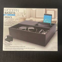 Modern Basics Men’s Dresser Valet Charging Station with Hidden Drawer Organizer New