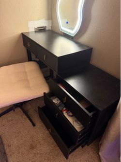 Black Fluted Desk/Vanity with LED Mirror