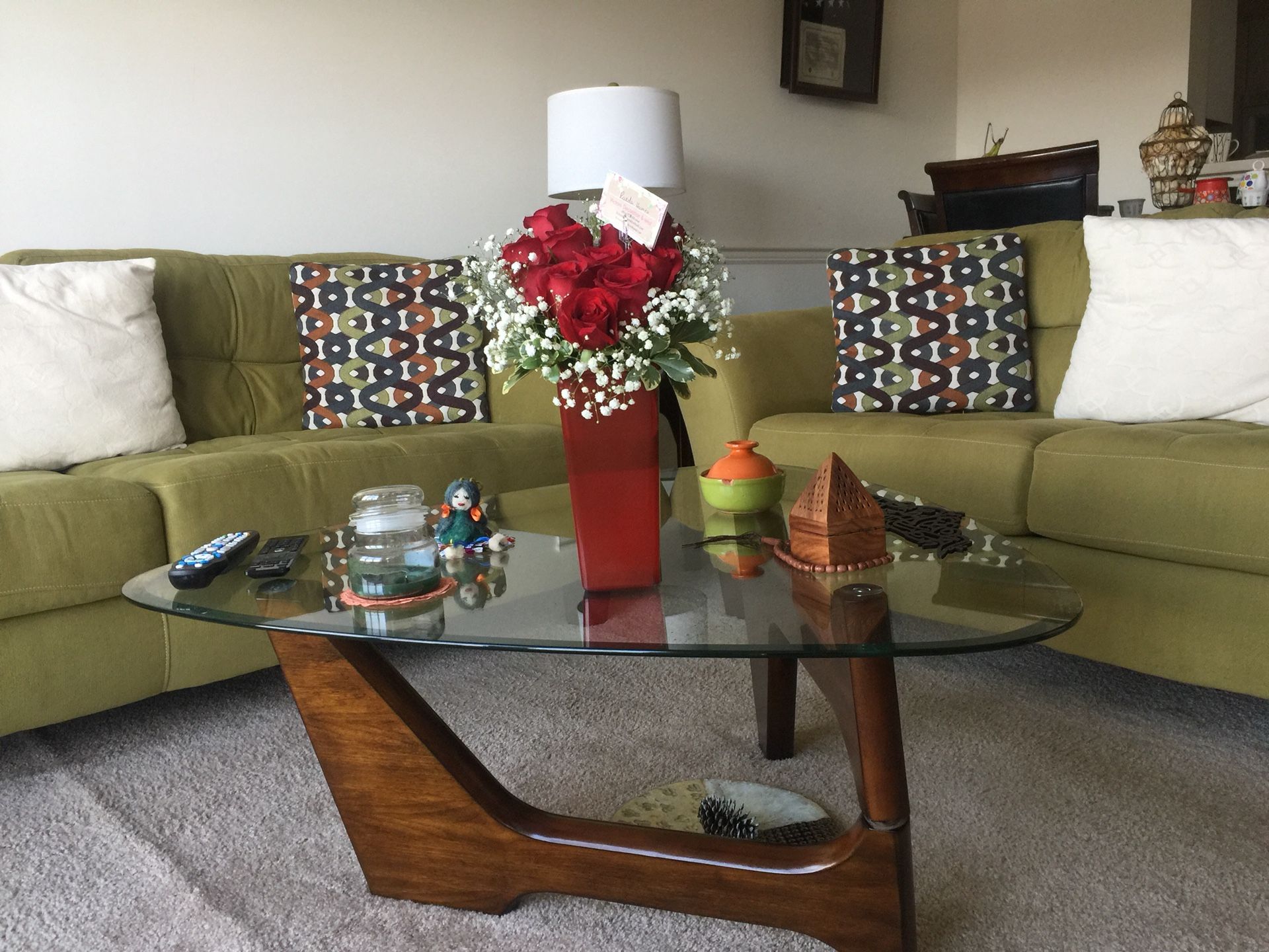 Sofa. Love seat. Coffee table. Two lamp tables. And six matching pillows.