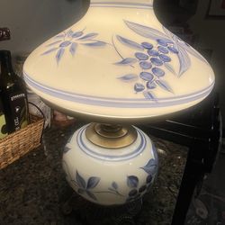 Vintage Hand-Painted Milk Glass Hurricane Lamp - Blue Floral Blueberry GWTW
