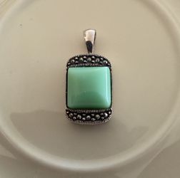Art deco style Rectangular sterling silver Pendant with green gemstone surrounded by marcasite