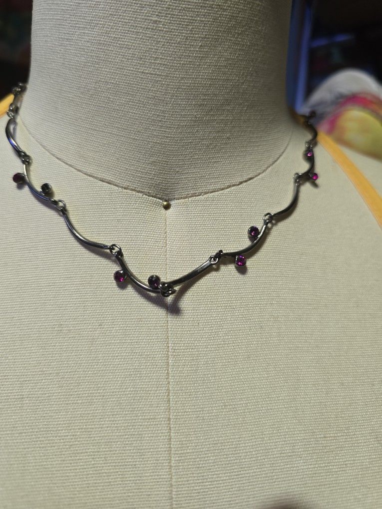 Vintage Victorian Style Vine Necklace With Red Rhinestones  And Gun Metal