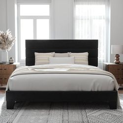 King Size Platform Bed Frame with Velvet Upholstered Headboard and Wooden Slats Support, Fully Upholstered Mattress Foundation/No Box Spring Needed/Ea