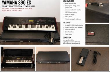 YAMAHA S90 ES 88-KEY PROFESSIONAL SYNTHESIZER INCLUDES FENDER CHAMPION 50XL AMP, FOOT PEDAL & HARD CASE