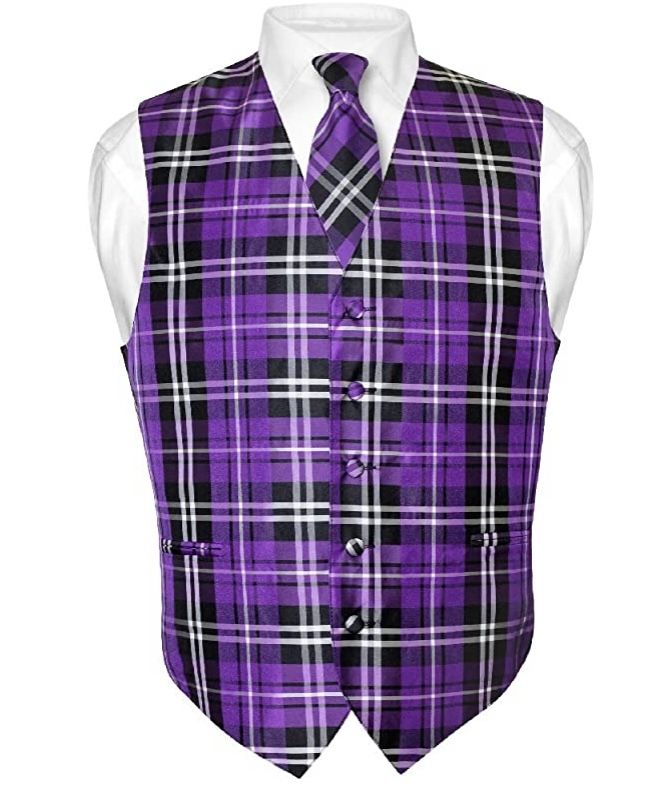 Men's Plaid Design Dress Vest & Necktie Neck Tie Set