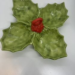 VTG Ceramic Holly 4 Leaf Berry Divided Candy  Dish With Handle Christmas 1976