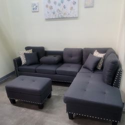 ✅️✅️3 pc charcoal linen like fabric sectional sofa drop down cup holder chaise and ottoman nail head trim ✅️