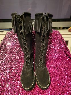 Black Vintage UNISEX Suede Moccasins Lace up Knee High Boots $65