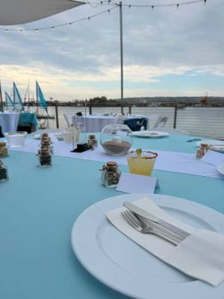 6 120" Round Light Blue table cloths and White Table Runnders
