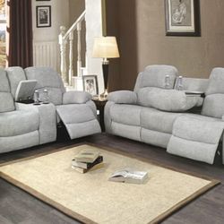 Gray Chenille Fabric Fully Reclining Sofa And Love Seat 